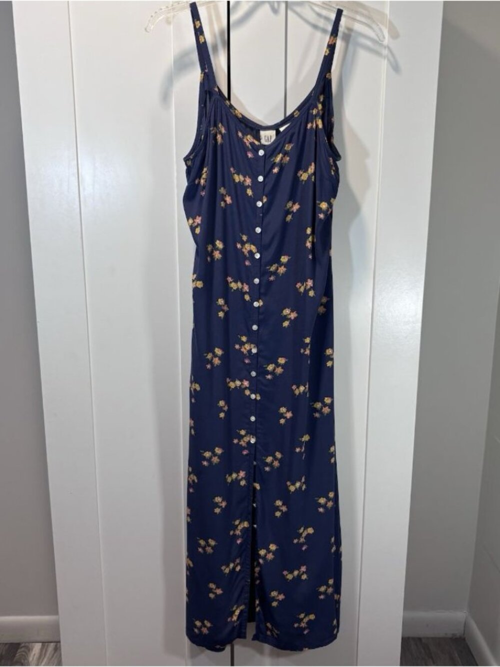 Vintage GAP 90s/Y2K Summer Dress Navy Floral Print Maxi Button-up Women’s Small